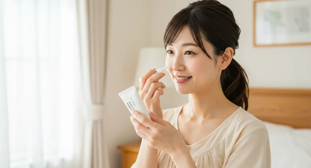 女性が顔に薬を塗ろうとしている様子